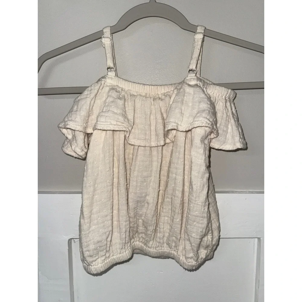 Old Navy Girls Cream Swiss Dot Ruffle Off Shoulder Top Ivory Gauze Size S 6-7